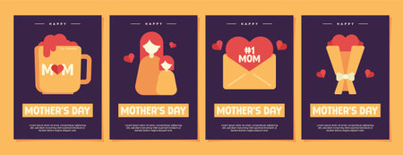 Minimalist and simple Mother's Day poster collection set featuring flat illustration of a mug, mom...