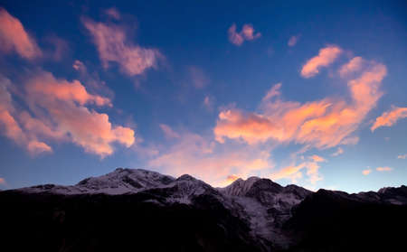 beautiful panoramic view of Himalaya mountains at sunsetの写真素材