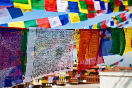 close up of prayer flags in Kathmandu, Nepalの写真素材