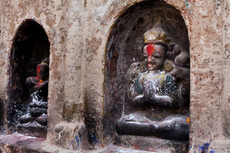 close up of sculpture of Buddha in Boudhanath stupa, Kathmandu, Nepalの写真素材