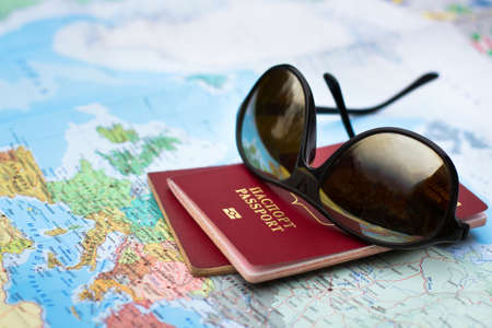 travel concept, two passports on the map of Europeの写真素材