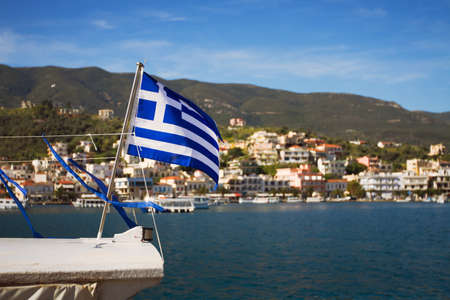 greek flag on the boatの写真素材