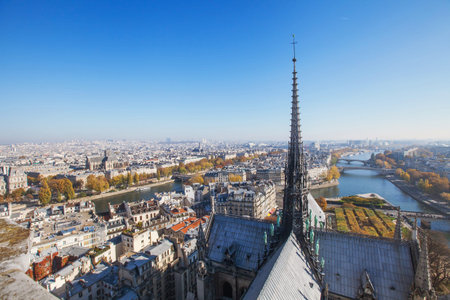 panoramic view of Paris from Notre Dame cathedral, gothic architecture, beautiful european city, Franceの写真素材