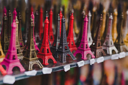 souvenir shop in Paris, small Eiffel towers for saleの写真素材