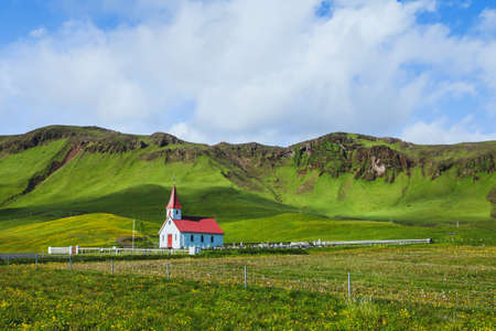 traditional church in Iceland, beautiful landscapeの写真素材