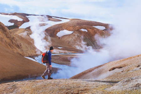hiking in Iceland, surreal volcanic landscape near Kerligafjollの写真素材