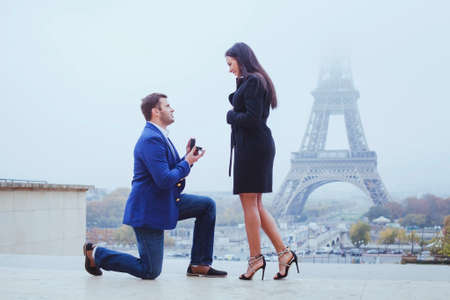 marry me, proposal in Paris near Eiffel Towerの写真素材