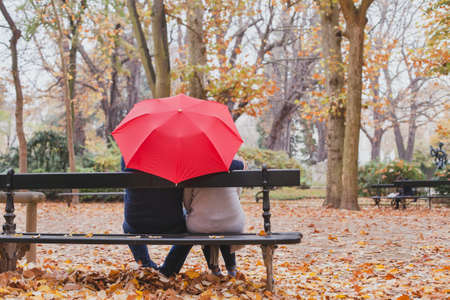 Couple under umbrella in autumn parkの写真素材