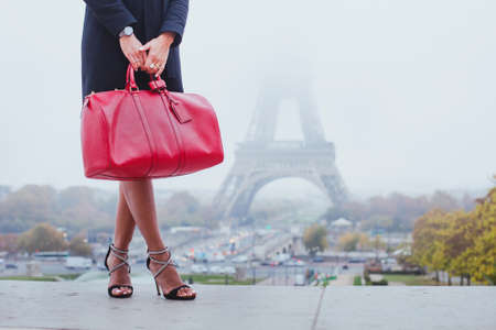 shopping in Paris, fashion woman near Eiffel Tower in France, Europeの写真素材
