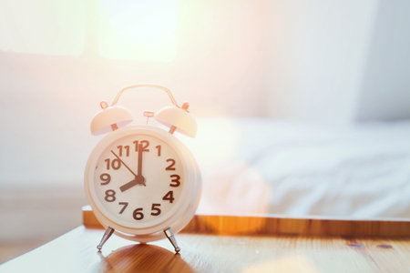 Morning time background, alarm clock near the bed at homeの写真素材