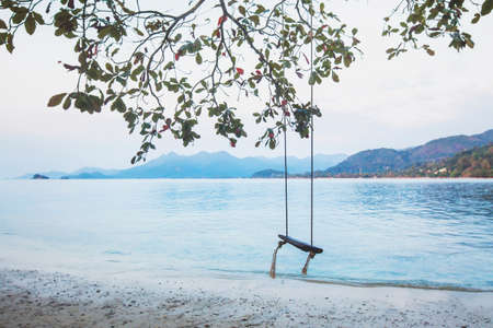 remote paradise beach, idyllic landscape with rope swing, Koh Chang island, Thailandの写真素材