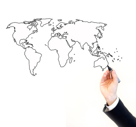 hand of businessman painting map of the world, isolated on white with place for the text