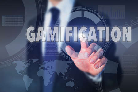 gamification concept, button on touch screenの写真素材
