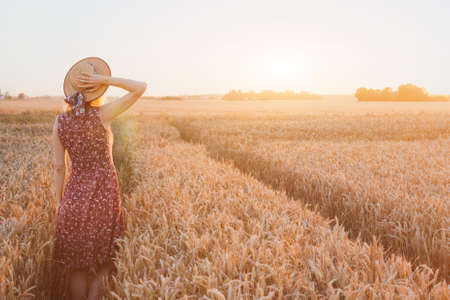 summer happy young woman in wheat field by sunset, daydream, beautiful background with place for textの写真素材
