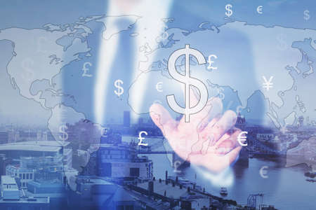 trading, businessman and currency exchange, double exposureの写真素材