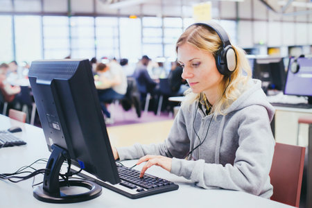 adult education, middle aged woman studying on computer in modern library
