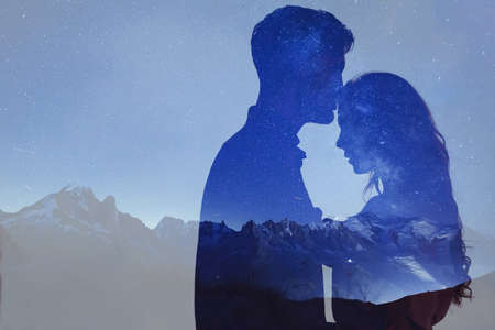 man and woman love, double exposure of coupleの写真素材