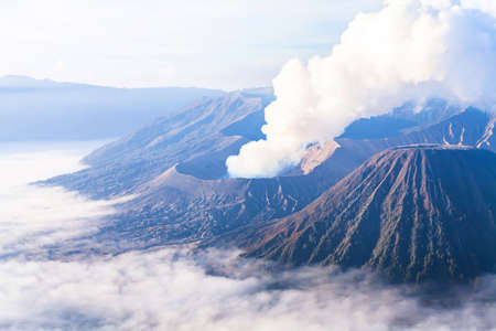 Beautiful landscape of Bromo volcano at sunrise, aerial panoramic view,  Java, Indonesiaの写真素材