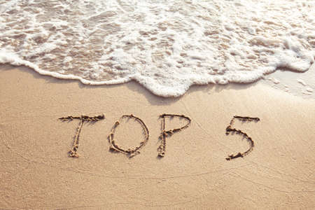 top 5, sign concept, list of five best, text on the sand beachの写真素材