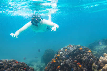 Snorkeling underwater, active travels, snorkeler watching corals and fish in the seaの写真素材