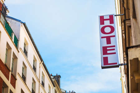 hotel sign on the street of european cityの写真素材