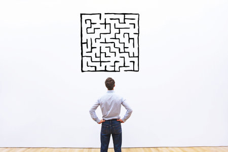 business man looking at labyrinth drawing, complicated difficult solution conceptの写真素材