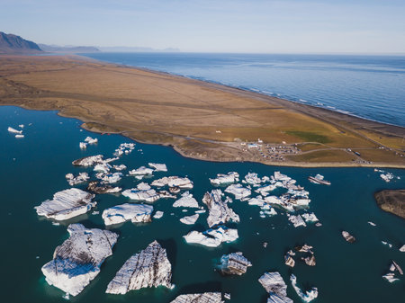 beautiful nature of Iceland, aerial landscape of glacier lake with floating icebergs