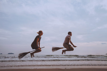 holiday travel with friends, creative transportation  mode, flight on broomstick, people having fun...