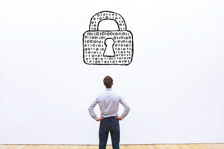 personal information protection concept, cybersecurity of data, digital lock with binary code of passwordの写真素材