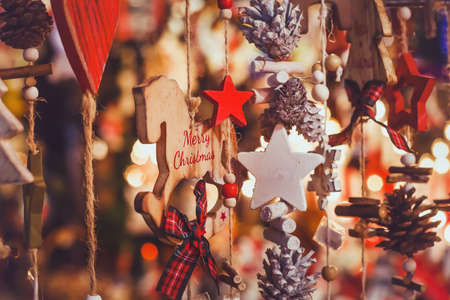 merry christmas, cute festive decoration close up, beautiful toys for new yearの写真素材