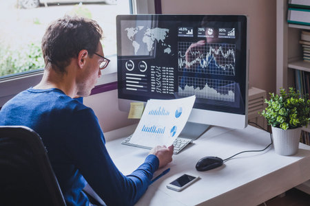 entrepreneur reading financial report on dashboard, fintech and audit concept, monitoring revenue...