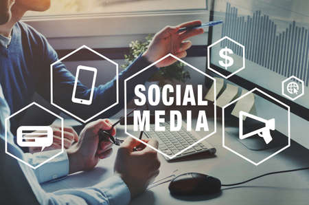 social media for business, concept background with iconsの写真素材