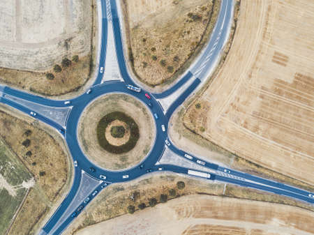 roundabout aerial top view, traffic circle with road circular intersection or junctionの写真素材