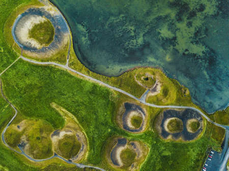 volcanic craters in Iceland aerial view from above, Myvatn lakeの写真素材