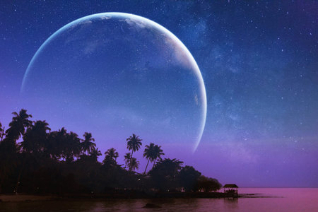 fantasy landscape, imaginary world, view of tropical wonderland with starry sky and big planet,...