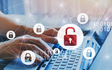 hacker attack and data breach, information leak concept, futuristic cyber  background with broken lockの写真素材