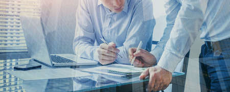 team of business people working together in the office, teamwork background banner, double exposure