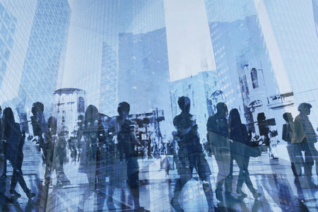 double exposure of business people walking on busy street of modern city, office buildings corporate...