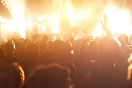 Concert crowd on music festival, silhouettes of people with raised hands on open air show event.