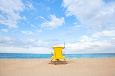 minimalist landscape of beach with yellow hut, colorful scene of sand and blue sky, minimalism の写真素材