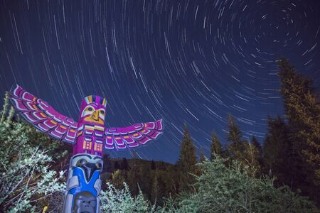 Round star trail in the night with tree statue and spruce in foregroundの写真素材