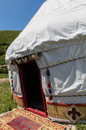 kazakh traditional yurt nomadic house entrance made of natural materials with bright elements