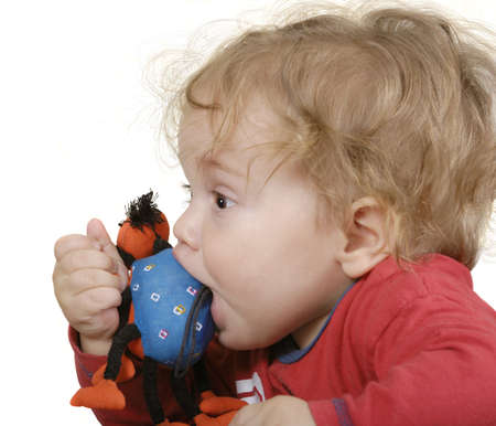 half year old baby boy with brown eyes and curly hair with a soft toy in his mouth; isolated on whiteの写真素材