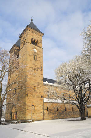 Church in Bad Klosterlausnitz, small town in Turingia, Germany, under fresh snowの写真素材