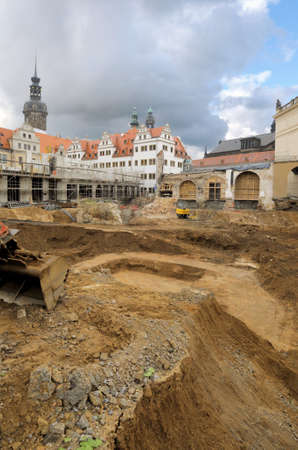Reconstruction of Central Dresden that was bombed in World War II. This spot can be found alongside Shlosstrasse, about two hundred meters West from Frauenkirche. Two towers in the middle belong to Stallhof church, big tower on the left is Hofkirche. The の写真素材