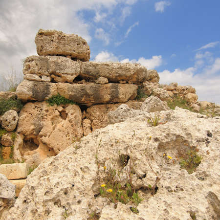 Partially intact wall of a megalithic temple complex, Ggantija (Ggantia), Gozo, Malta. This neoliic temple was built between c3600 and 2500 BC, we know very little about the builders except they may have been the site of an Earth Goddess fertility cult. tの写真素材