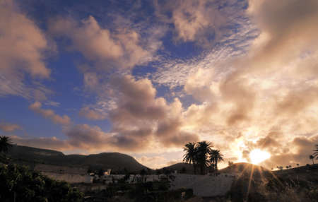 Sunset over Haria village in Northern Lanzarote with a group of palm trees silhuette against the bright sky; Canary islands, Spainの写真素材