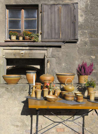 Traditional ceramics arranged for sale. Naumburg, Saxony-Anhalt, Germanyの写真素材