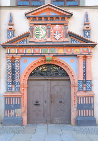 Doors to Naumburg Town Hall, a Late Gothic building on the Market Square; Saxen-Anhalt, Germanyの写真素材