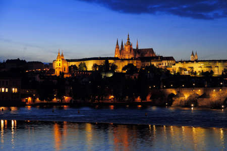 Evening view to Charles Bridge towards Prague Castle across Vltava river. Prague, Czech Respublicの写真素材